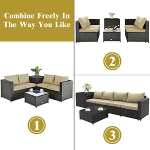 4 Pieces Outdoor Patio Rattan Furniture Set with Cushioned Loveseat and Storage Box-Brown view 9