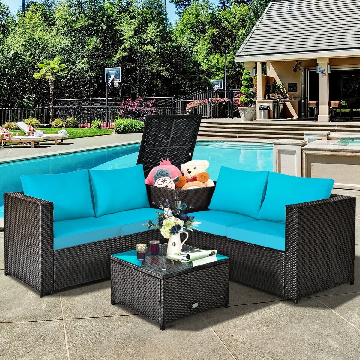 4 Pieces Outdoor Patio Rattan Furniture Set with Cushioned Loveseat and Storage Box-Turquoise view 2