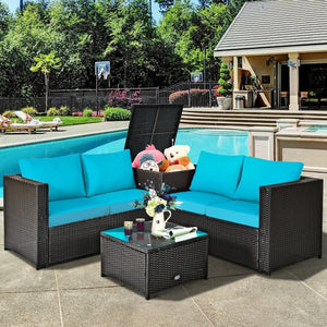 4 Pieces Outdoor Patio Rattan Furniture Set with Cushioned Loveseat and Storage Box-Turquoise view 2