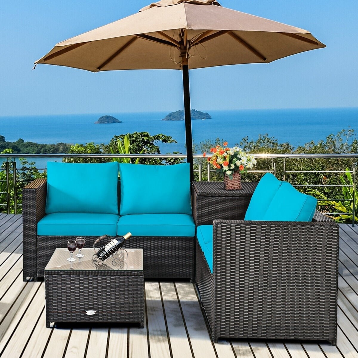 4 Pieces Outdoor Patio Rattan Furniture Set with Cushioned Loveseat and Storage Box-Turquoise view 3