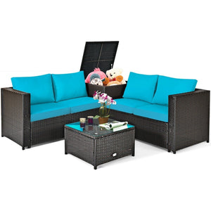 4 Pieces Outdoor Patio Rattan Furniture Set with Cushioned Loveseat and Storage Box-Turquoise view 4
