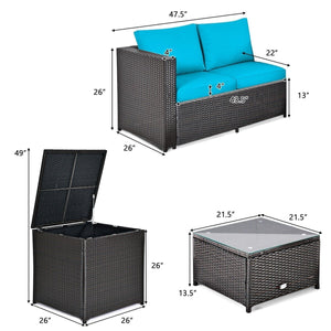 4 Pieces Outdoor Patio Rattan Furniture Set with Cushioned Loveseat and Storage Box-Turquoise view 5