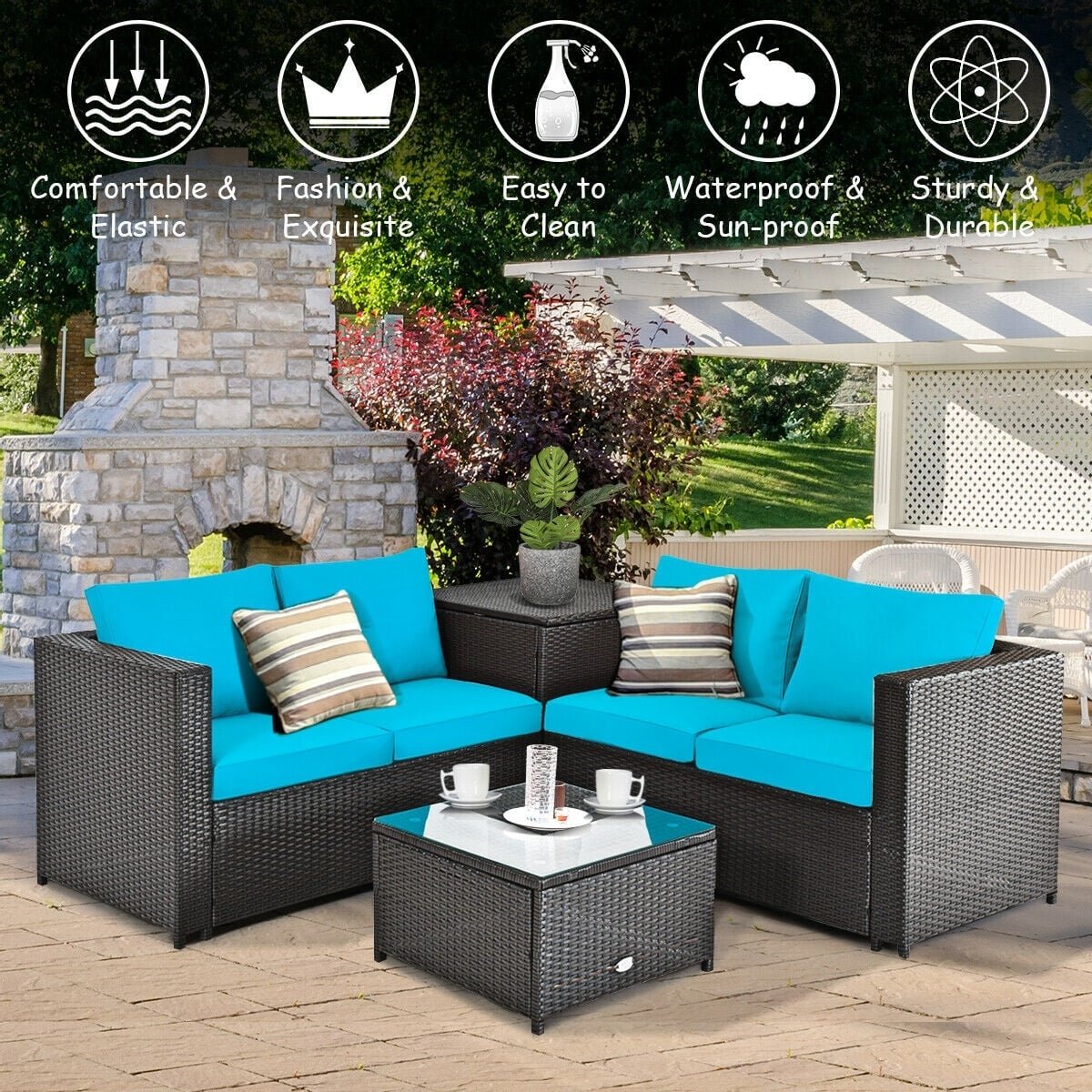4 Pieces Outdoor Patio Rattan Furniture Set with Cushioned Loveseat and Storage Box-Turquoise view 6