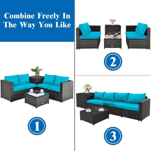 4 Pieces Outdoor Patio Rattan Furniture Set with Cushioned Loveseat and Storage Box-Turquoise view 7