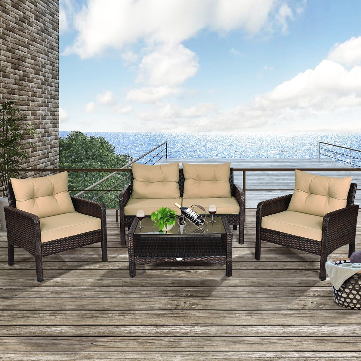 4 Pieces Patio Rattan Free Combination Sofa Set with Cushion and Coffee Table view 2