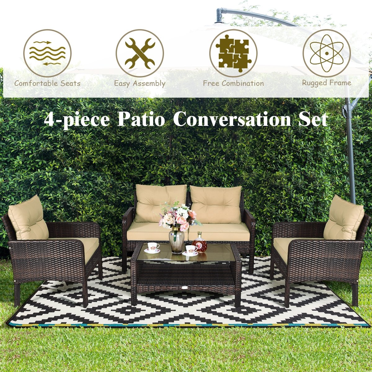 4 Pieces Patio Rattan Free Combination Sofa Set with Cushion and Coffee Table view 8