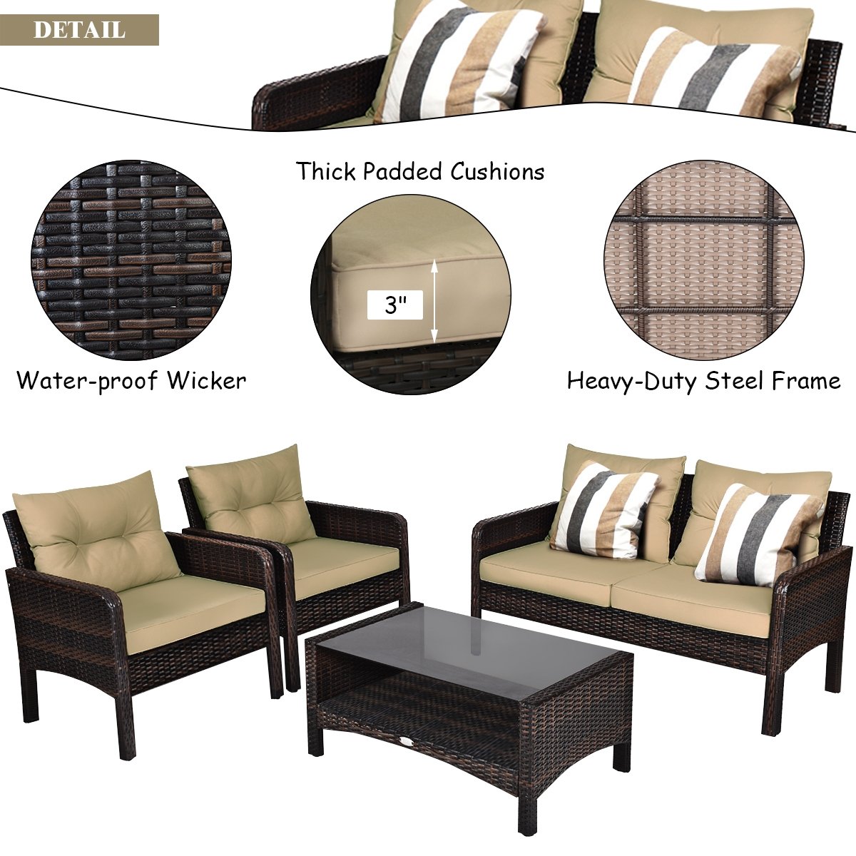 4 Pieces Patio Rattan Free Combination Sofa Set with Cushion and Coffee Table view 9