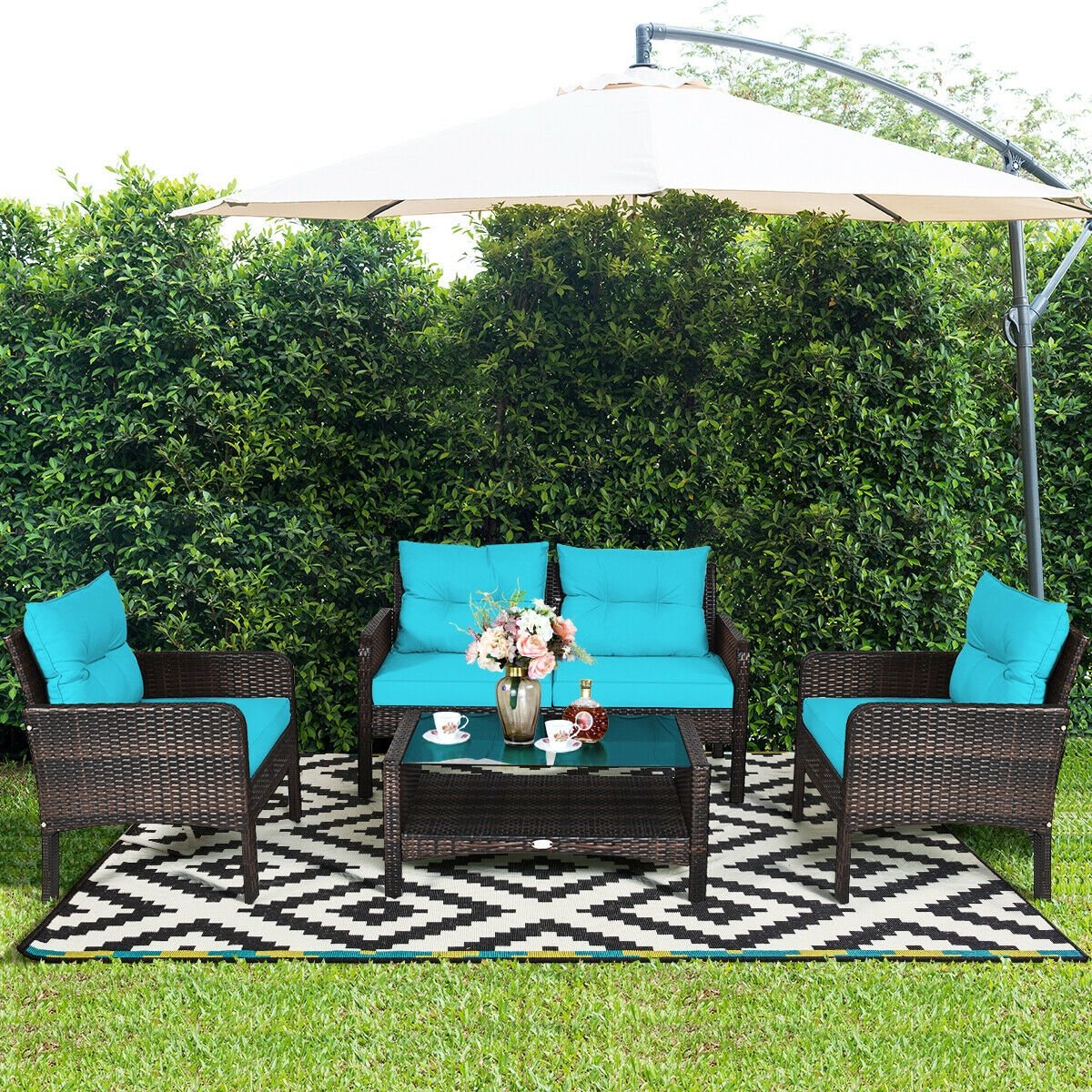4 Pcs Outdoor Rattan Wicker Loveseat Furniture Set with Cushions-Turquoise view 2