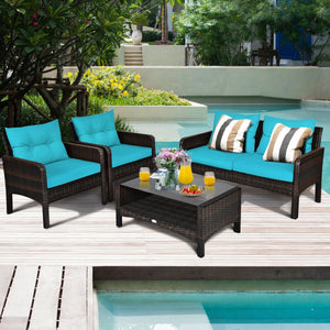 4 Pcs Outdoor Rattan Wicker Loveseat Furniture Set with Cushions-Turquoise view 3
