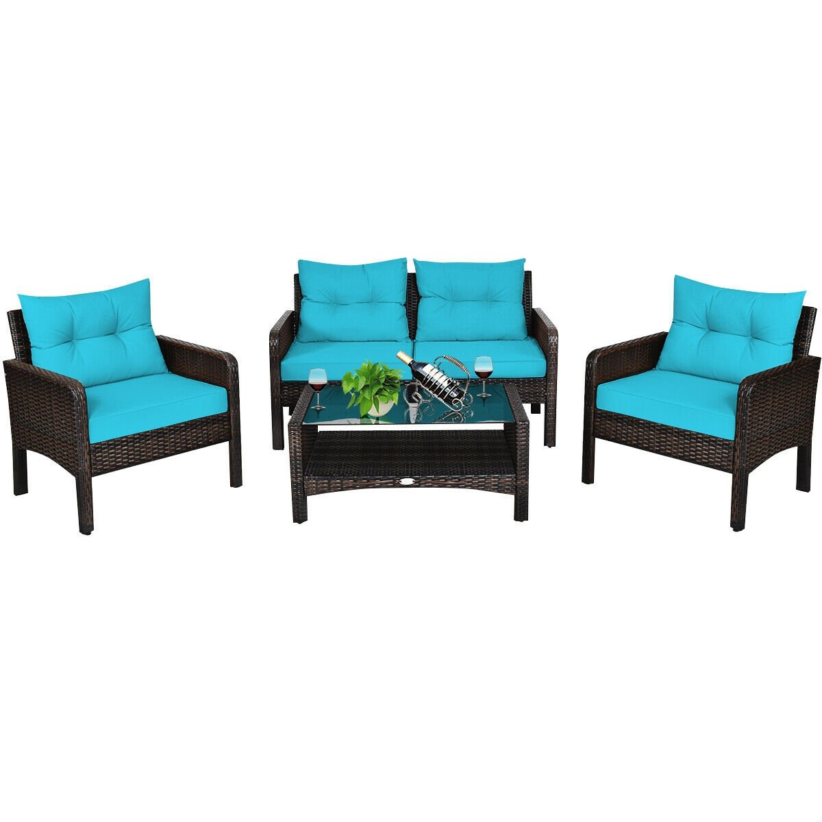 4 Pcs Outdoor Rattan Wicker Loveseat Furniture Set with Cushions-Turquoise view 4