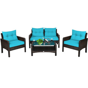 4 Pcs Outdoor Rattan Wicker Loveseat Furniture Set with Cushions-Turquoise view 4