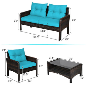 4 Pcs Outdoor Rattan Wicker Loveseat Furniture Set with Cushions-Turquoise view 5