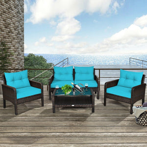 4 Pcs Outdoor Rattan Wicker Loveseat Furniture Set with Cushions-Turquoise view 6