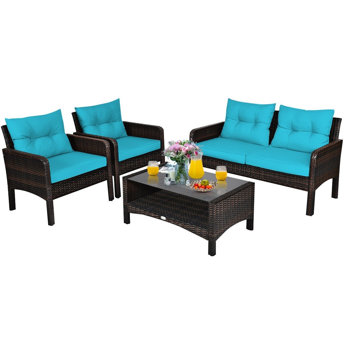 4 Pcs Outdoor Rattan Wicker Loveseat Furniture Set with Cushions-Turquoise view 7