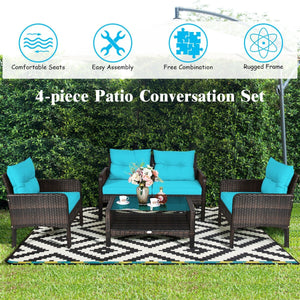 4 Pcs Outdoor Rattan Wicker Loveseat Furniture Set with Cushions-Turquoise view 8