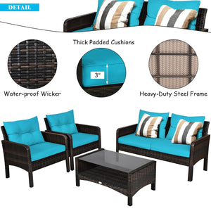 4 Pcs Outdoor Rattan Wicker Loveseat Furniture Set with Cushions-Turquoise view 9