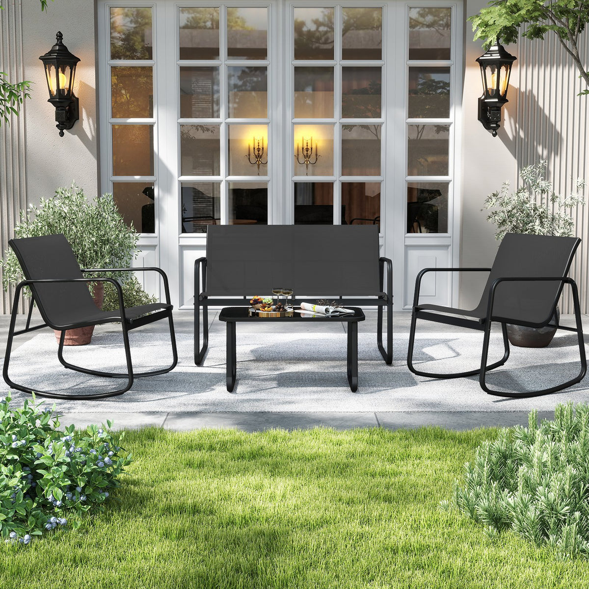 4 PCS Patio Furniture Set Outdoor Rocker Chair Conversation Set-Black view 3