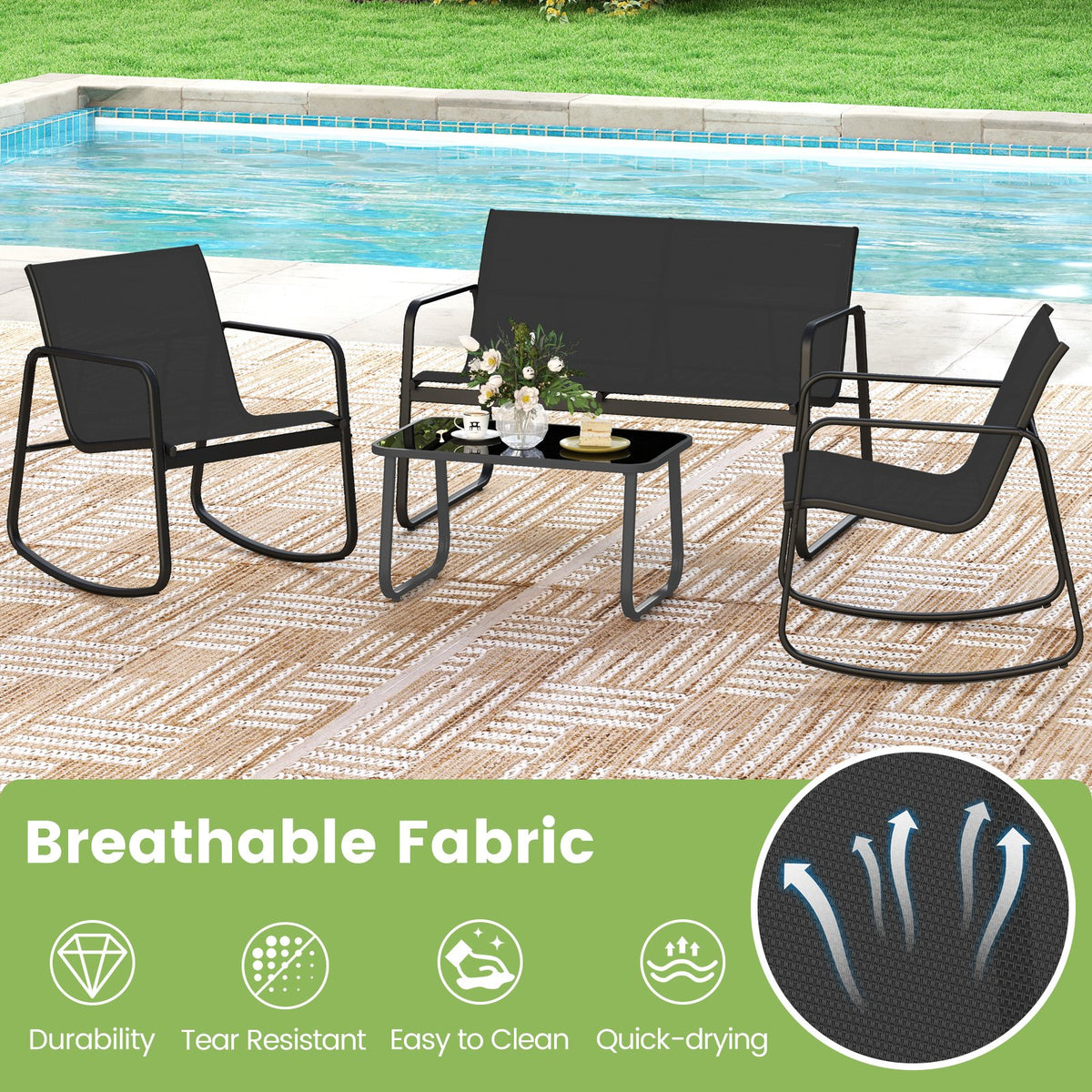 4 PCS Patio Furniture Set Outdoor Rocker Chair Conversation Set-Black view 9