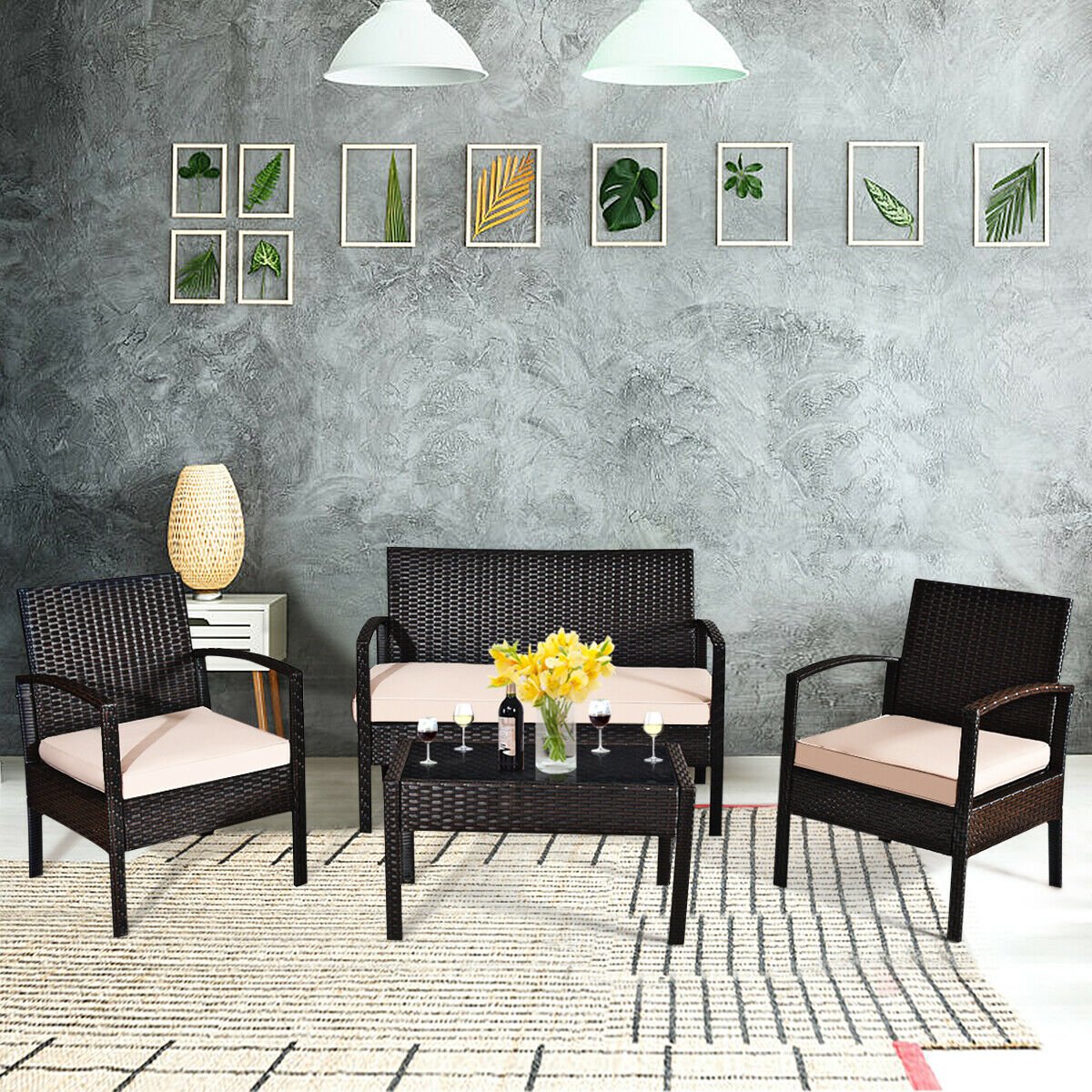4 Pieces Patio Ratten Conversation Set with Loveseat Sofas and Coffee Table view 2
