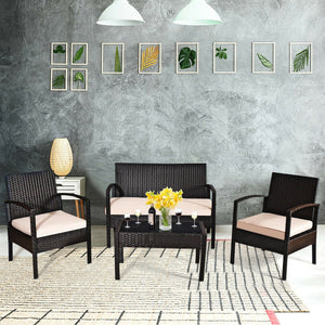 4 Pieces Patio Ratten Conversation Set with Loveseat Sofas and Coffee Table view 2