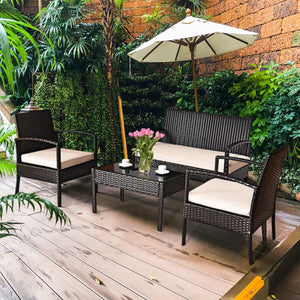 4 Pieces Patio Ratten Conversation Set with Loveseat Sofas and Coffee Table view 3