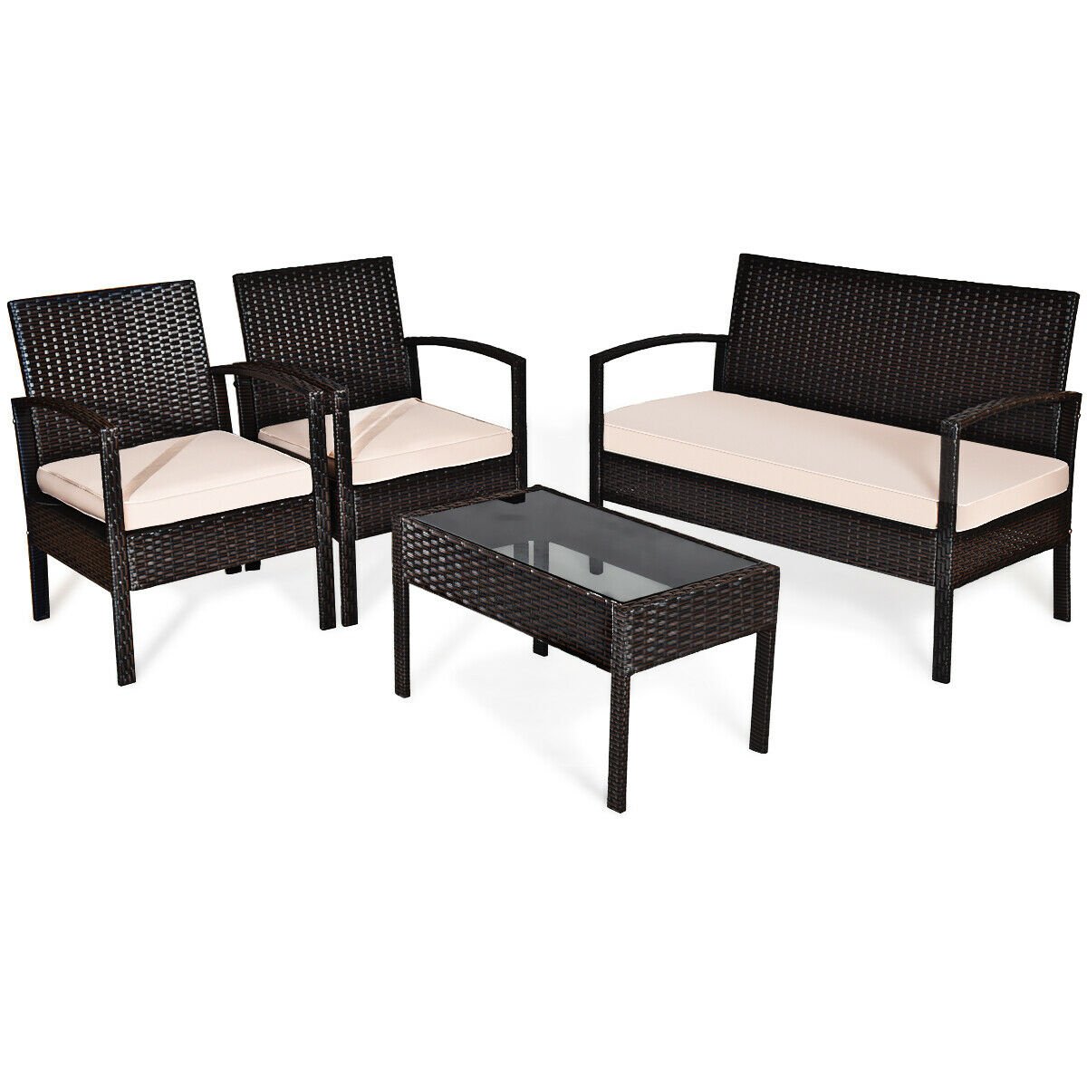 4 Pieces Patio Ratten Conversation Set with Loveseat Sofas and Coffee Table view 4