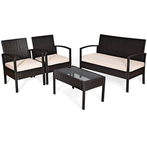 4 Pieces Patio Ratten Conversation Set with Loveseat Sofas and Coffee Table view 4