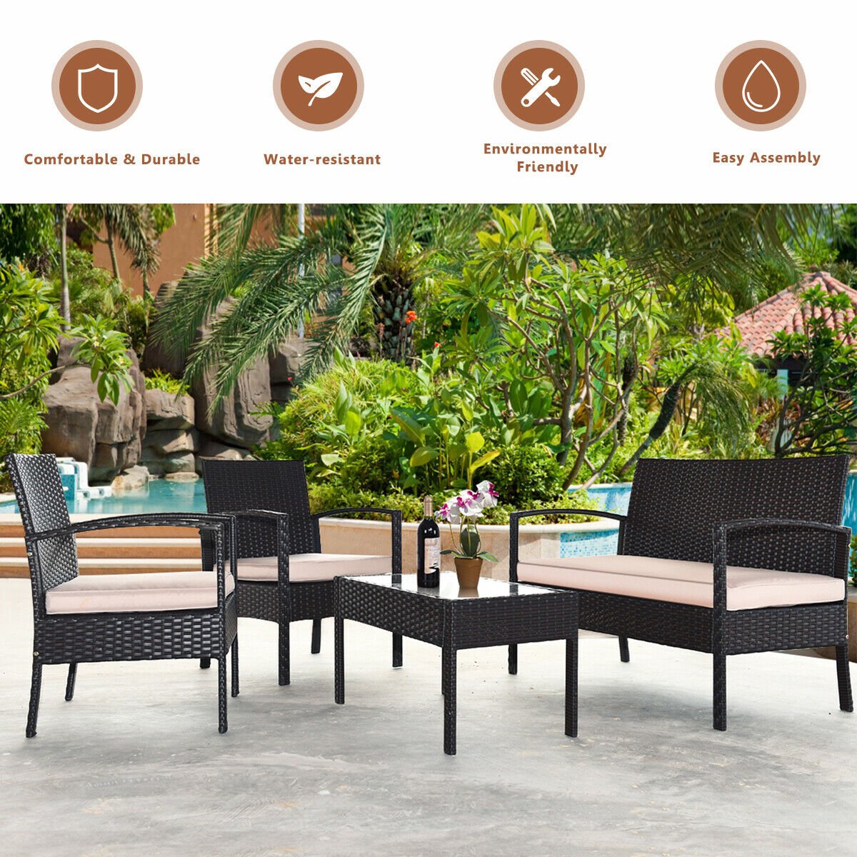 4 Pieces Patio Ratten Conversation Set with Loveseat Sofas and Coffee Table view 6