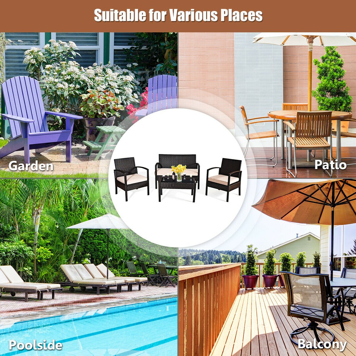 4 Pieces Patio Ratten Conversation Set with Loveseat Sofas and Coffee Table view 8