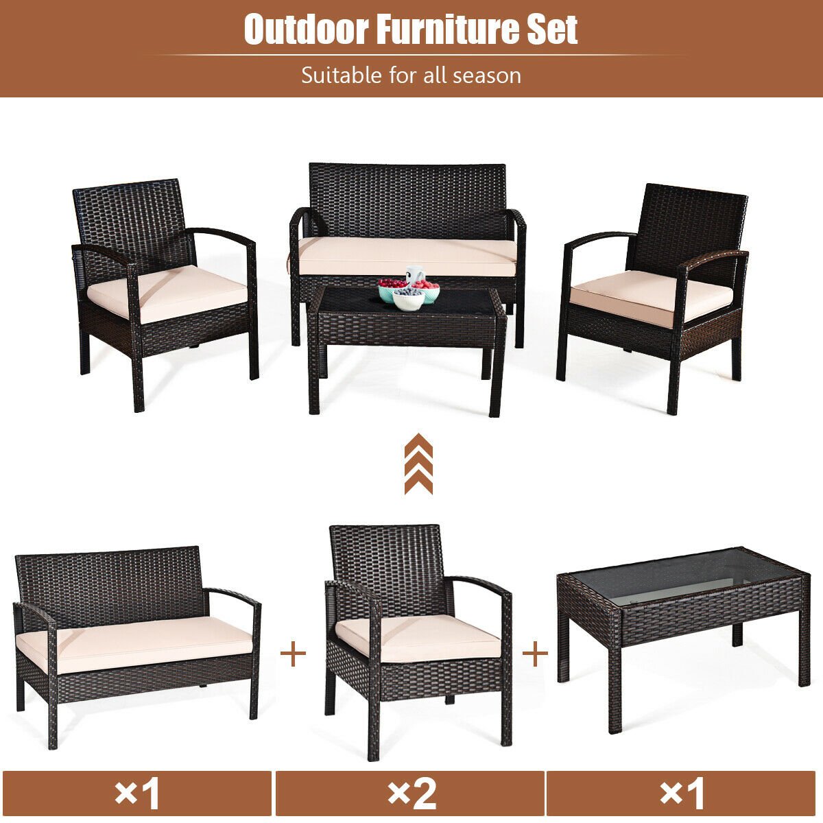 4 Pieces Patio Ratten Conversation Set with Loveseat Sofas and Coffee Table view 9
