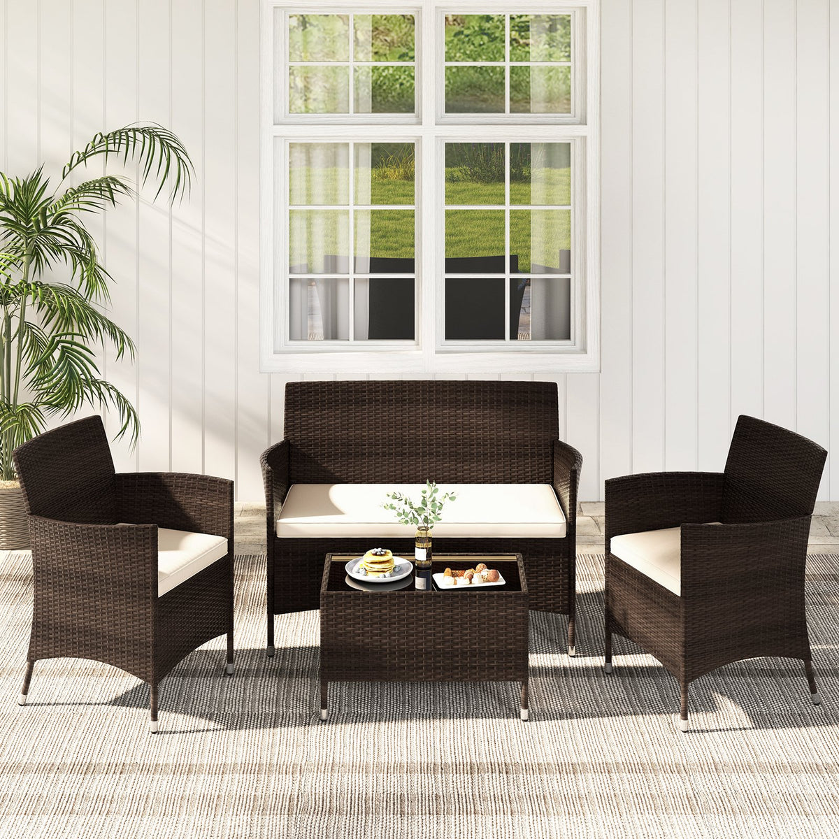 4 Pieces Comfortable Outdoor Rattan Sofa Set with Glass Coffee Table-Light Brown view 2
