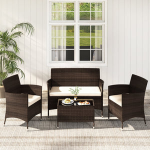 4 Pieces Comfortable Outdoor Rattan Sofa Set with Glass Coffee Table-Light Brown view 2
