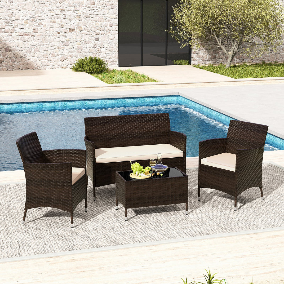 4 Pieces Comfortable Outdoor Rattan Sofa Set with Glass Coffee Table-Light Brown view 3
