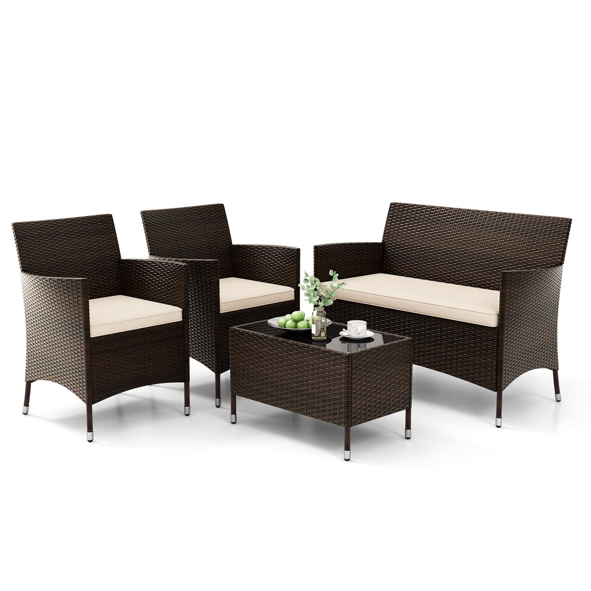 4 Pieces Comfortable Outdoor Rattan Sofa Set with Glass Coffee Table-Light Brown view 4