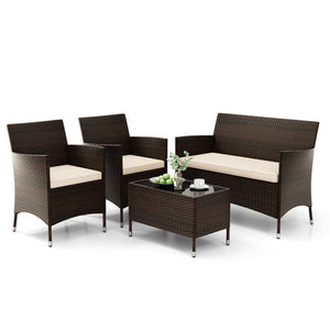 4 Pieces Comfortable Outdoor Rattan Sofa Set with Glass Coffee Table-Light Brown view 4
