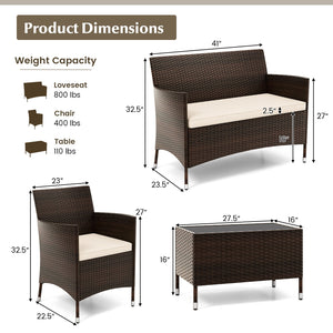 4 Pieces Comfortable Outdoor Rattan Sofa Set with Glass Coffee Table-Light Brown view 5