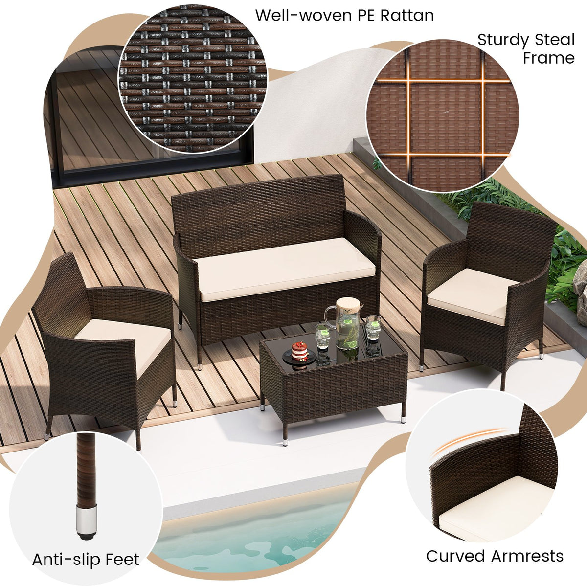 4 Pieces Comfortable Outdoor Rattan Sofa Set with Glass Coffee Table-Light Brown view 7