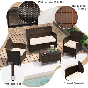 4 Pieces Comfortable Outdoor Rattan Sofa Set with Glass Coffee Table-Light Brown view 7