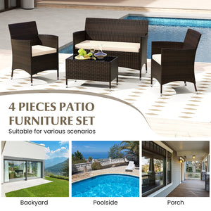 4 Pieces Comfortable Outdoor Rattan Sofa Set with Glass Coffee Table-Light Brown view 8