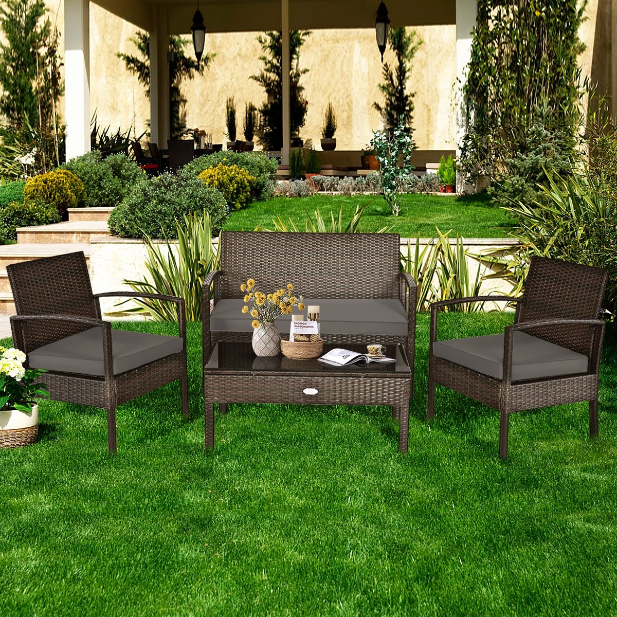 4 Pieces Patio Rattan Cushioned Furniture Set with Loveseat and Table -Brown view 2
