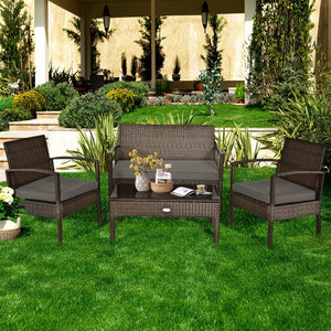 4 Pieces Patio Rattan Cushioned Furniture Set with Loveseat and Table -Brown view 2