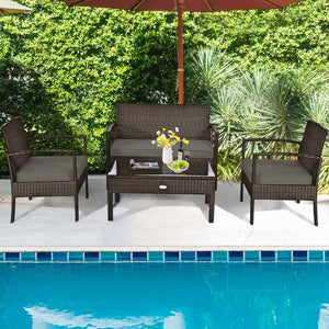 4 Pieces Patio Rattan Cushioned Furniture Set with Loveseat and Table -Brown view 3