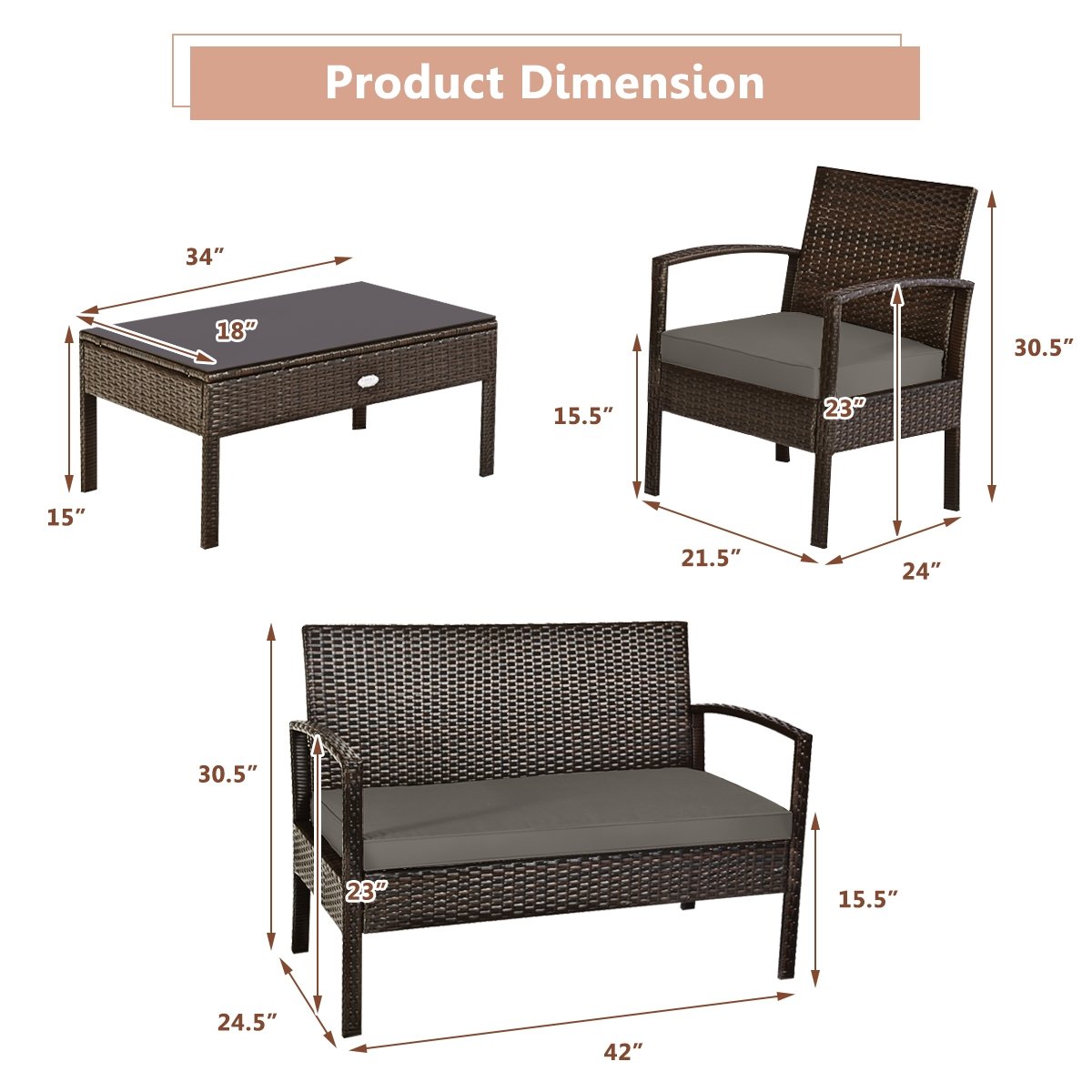 4 Pieces Patio Rattan Cushioned Furniture Set with Loveseat and Table -Brown view 4