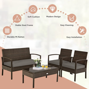 4 Pieces Patio Rattan Cushioned Furniture Set with Loveseat and Table -Brown view 5