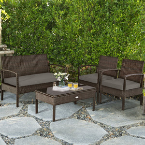 4 Pieces Patio Rattan Cushioned Furniture Set with Loveseat and Table -Brown view 6