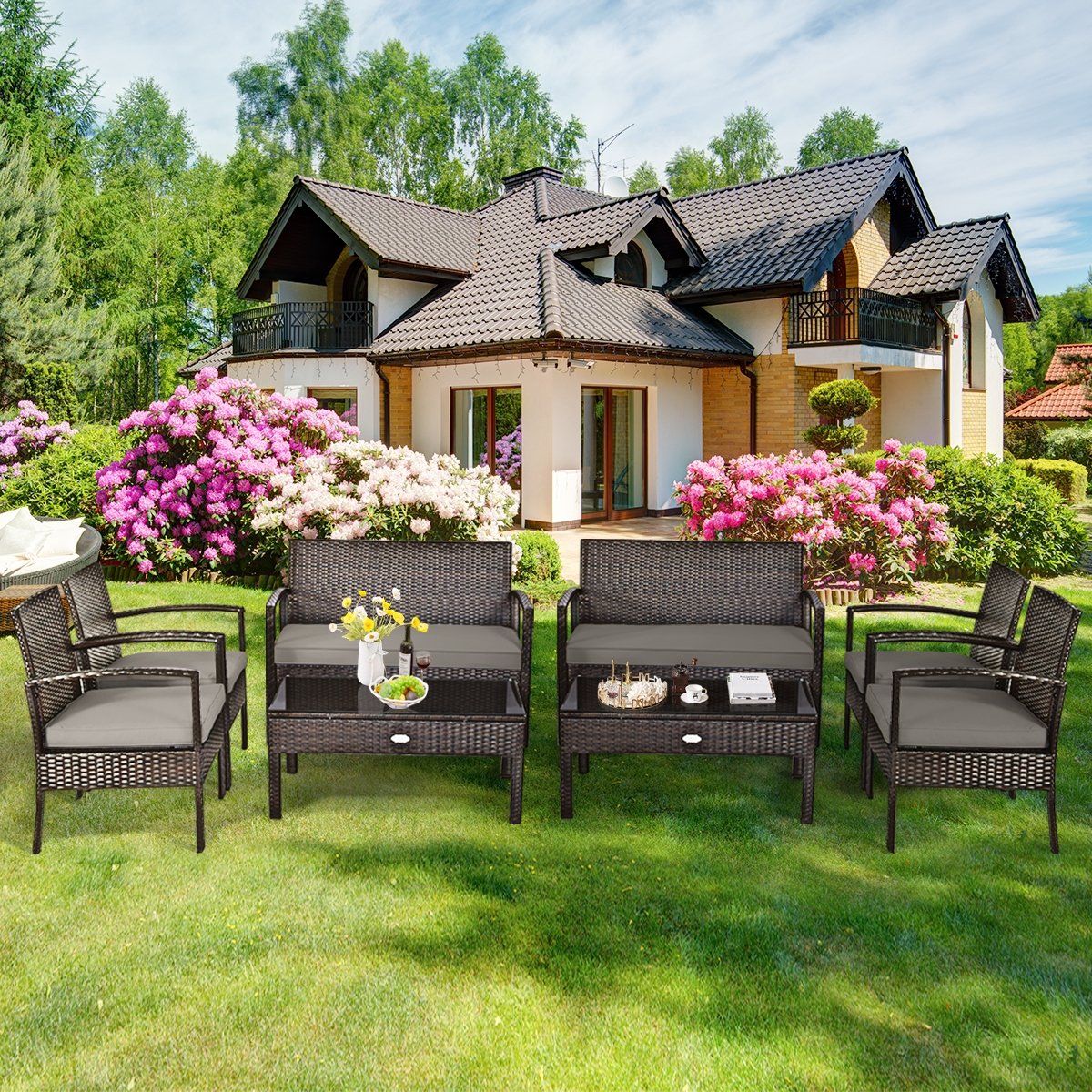 4 Pieces Patio Rattan Cushioned Furniture Set with Loveseat and Table -Brown view 7