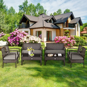 4 Pieces Patio Rattan Cushioned Furniture Set with Loveseat and Table -Brown view 7