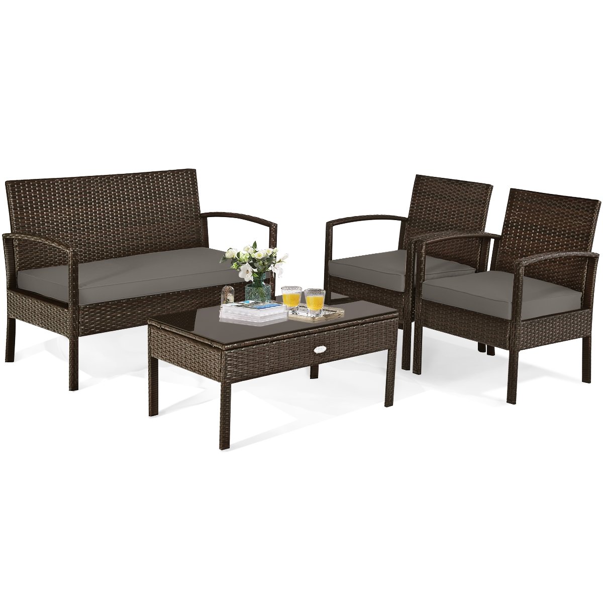 4 Pieces Patio Rattan Cushioned Furniture Set with Loveseat and Table -Brown view 8