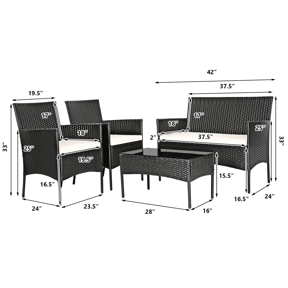 4 Pcs Patio Rattan Cushioned Sofa Furniture Set-White view 4