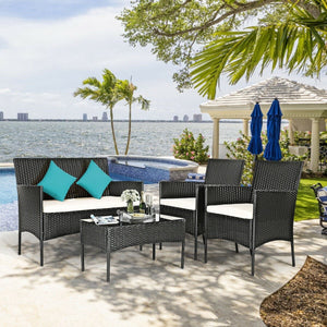 4 Pcs Patio Rattan Cushioned Sofa Furniture Set-White view 6